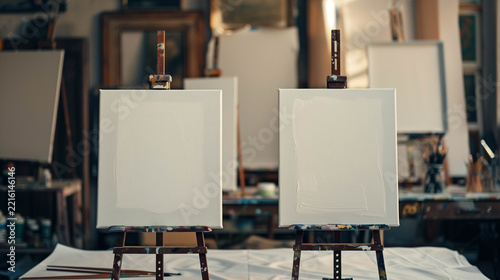 Blank White Canvas on Easel Inside Bright Creative Artist Studio Interior Space