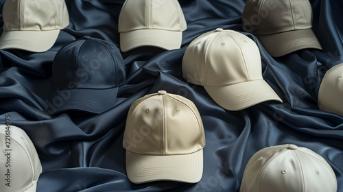 Blank white baseball caps arranged on blue fabric for apparel mockup presentation