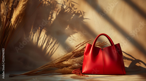 Elegant red leather handbag displayed with warm sunlight and natural shadow backdrop