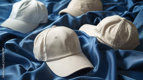 Blank white baseball caps arranged on blue fabric for apparel mockup presentation