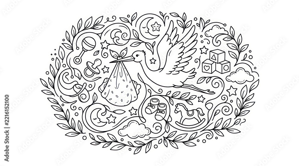Fototapeta premium stork delivering baby, newborn arrival, decorative illustration