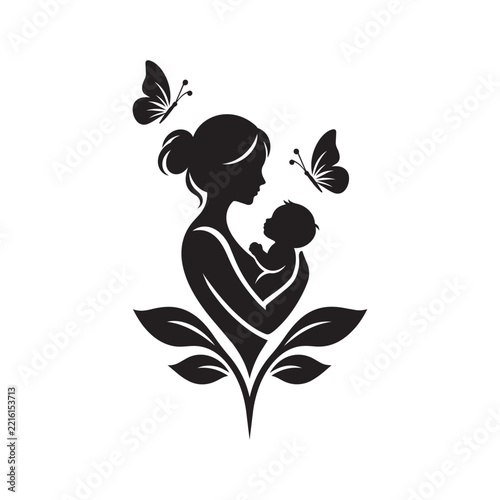 Mother and Child Floral Butterfly Silhouette