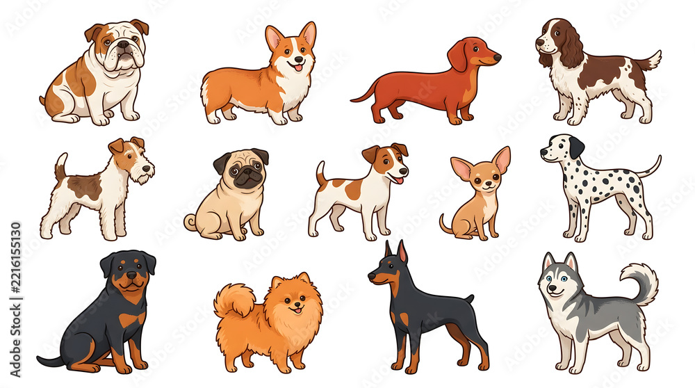 Fototapeta premium A charming and diverse collection of popular dog breeds depicted in a vibrant cartoon style, showcasing various beloved canines for pet-themed designs and children's projects