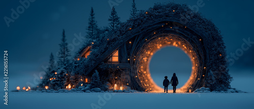 A magical Christmas doorway set amidst a vast snowy landscape, with snow gently falling—bringing a sense of hope and happiness.