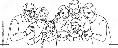 Continuous line drawing of a happy multi-generational family taking a selfie, minimalist one line art of grandparents and children with smartphone