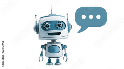 A small blue and white robot with a speech bubble