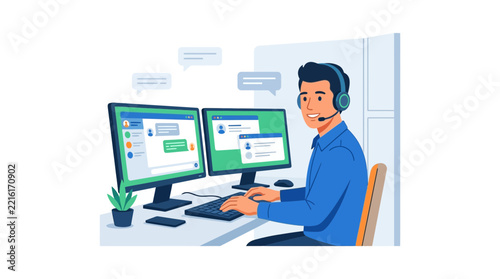 Man with Headset Working on Dual Monitors, Engaging in Online Communication and Customer Support