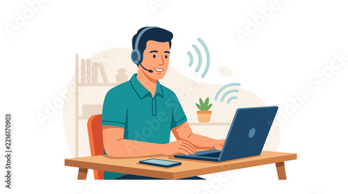 Man with headset working on laptop at desk, communicating remotely, vector illustration