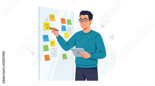 Man with Tablet and Pen Planning Ideas on Sticky Notes Board