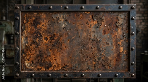 A rectangular metal plate with heavy rust and corrosion, framed by a dark iron border secured with visible rivets