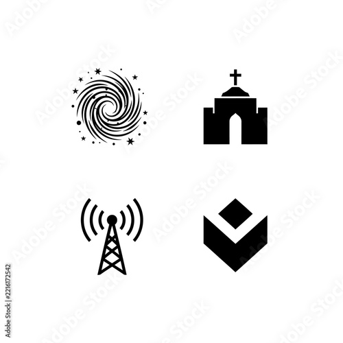 Four Icons: Galaxy, Church, Antenna Tower, Abstract Shape