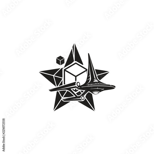 Futuristic Starship and Geometric Shapes on a Star Background