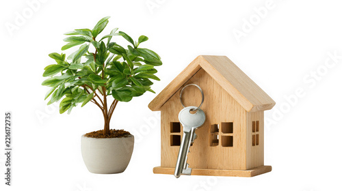 A small wooden house model with a metal key