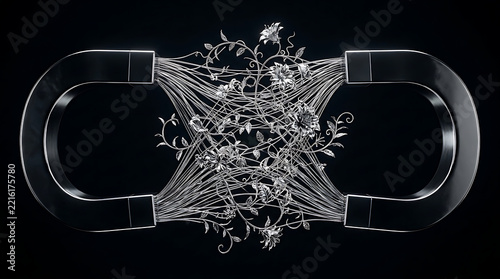 Surreal metallic magnet infinity loop, metallic floral connection concept art, silver magnetic field photo on black background