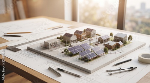 A detailed model of a solar-powered neighborhood with houses and green spaces rests upon architectural blueprints on a desk.