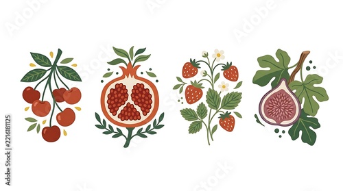 Fresh fruits vector set featuring cherries pomegranate strawberries and figs with green leaves in flat style