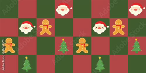 Festive Christmas checkerboard pattern with Santa Claus, gingerbread man, and pine trees.
