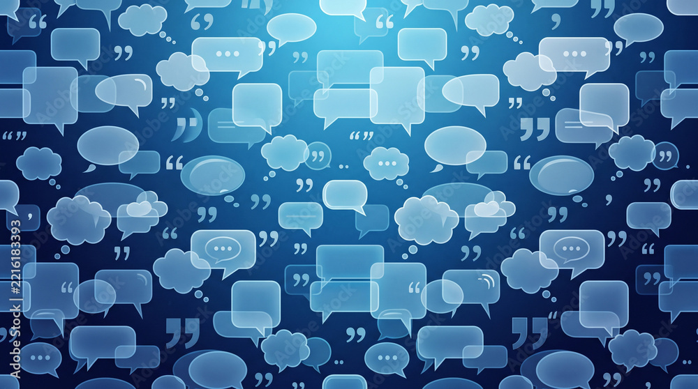 Naklejka premium Abstract background with speech bubbles and quotation marks on a blue gradient backdrop