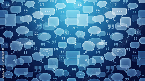 Abstract background with speech bubbles and quotation marks on a blue gradient backdrop