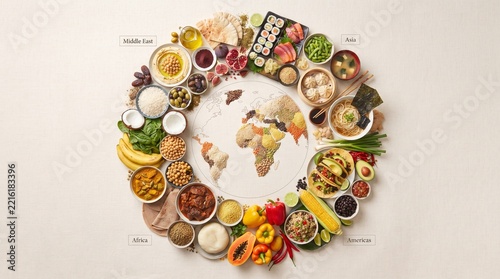 op-down artistic arrangement of diverse traditional foods from around the world surrounding a subtle globe shape, colorful grains, vegetables, fruits, legumes and healthy ingredients