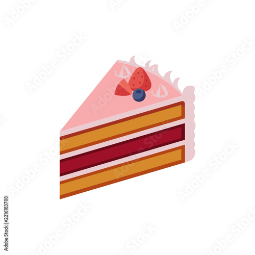 simple food icon vector of a layered cake slice with cream and fruit topping, clean geometric shapes, isometric proportion, solid colors, minimal details, isolated white background
