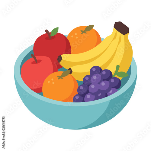 simple vector food icon of a bowl filled with apples, oranges, bananas, and grapes, clean shapes, isometric proportion, solid flat colors, minimal design, isolated white background