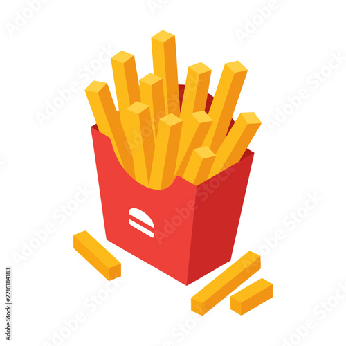 simple vector food icon of crispy French fries inside a takeaway carton, clean geometric shapes, isometric proportion, solid flat colors, minimal details, isolated white background