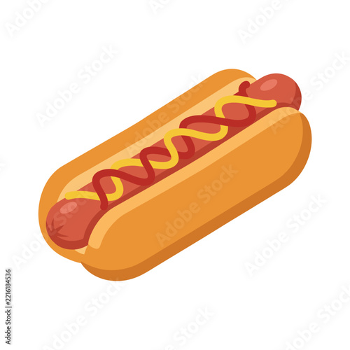 simple vector food icon of a hot dog in a bun with sausage, mustard, and ketchup, clean minimal shapes, isometric proportion, solid flat colors, isolated white background