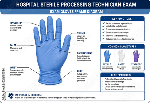 Blue surgical glove diagram highlights key features