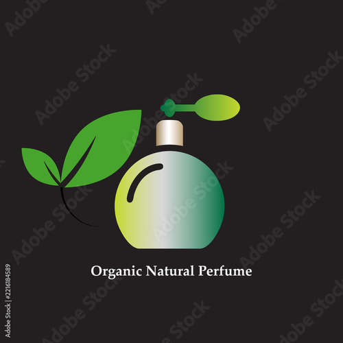 Minimalist organic natural perfume logo with scent atomizer and green leaves