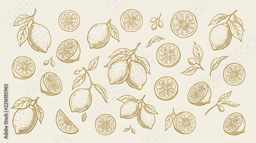 Lemon sketch collection vector hand drawn engraved illustrations of whole lemons slices leaves and branches