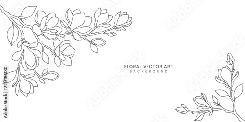 Magnolia flower line art branch vector background with floral elements for wedding invitation design