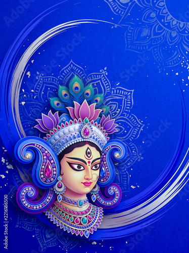 Goddess Durga Face Illustration with Ornate Crown and Mandala on Blue Background