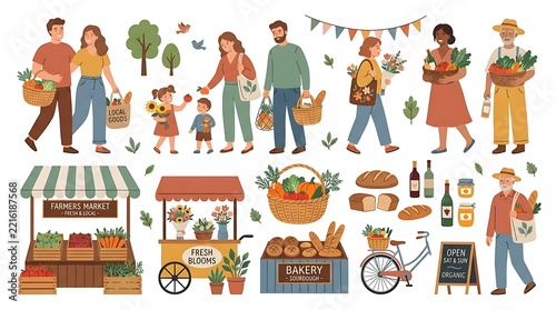 Farmers market flat vector illustration set with shoppers vendors stalls baskets and fresh produce