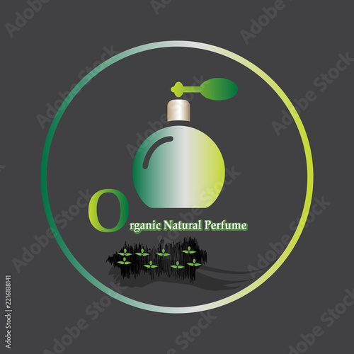 Circular organic natural perfume logo with decorative leaf elements