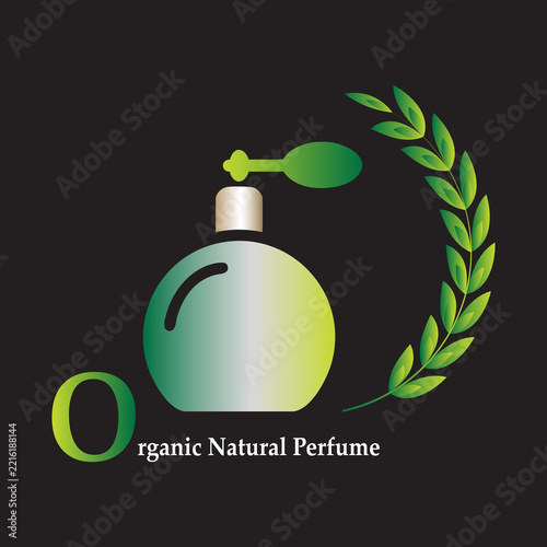 Organic natural perfume logo design featuring a spray bottle and leaves