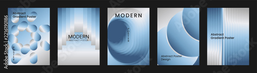 Ice blue and metallic silver abstract gradient poster templates set. Vector vertical brochure and flyer layouts with floating bubble ellipses, architectural arch steps and concentric optical vortex
