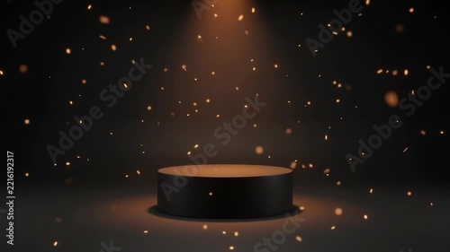 Black Podium with Spotlight and Glowing Golden Particles
