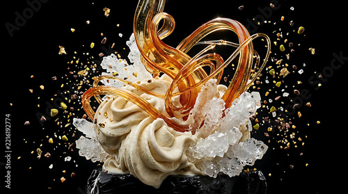 Gourmet spun sugar dessert art, luxury pastry art with caramel ribbons and cream, modern culinary plating for fine dining menus