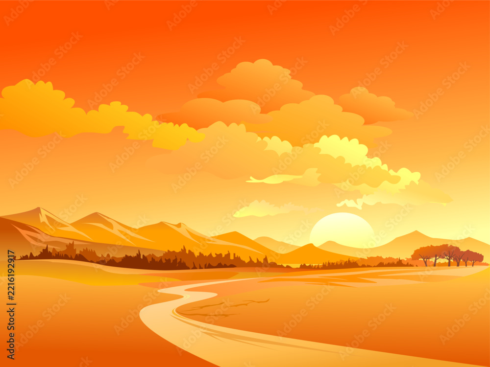 Fototapeta premium Minimalist Mountain Landscape at Sunset Vector Illustration with Grass Field and Big Sun