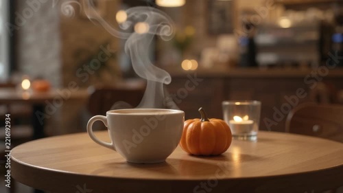 Steaming Cup of Hot Coffee with Pumpkin on Table in Cozy Cafe