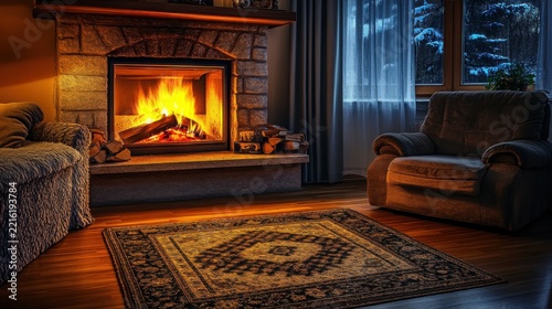 Experience the warmth of a cozy fireplace with dancing flames and a rustic hearth captured during the golden hour in a serene mountain setting