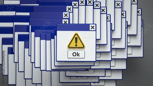 Numerous overlapping computer warning dialog windows with alert symbols. Concept of software errors, system overload, repeated notifications, technical problems and malfunction. 3D Render Animation