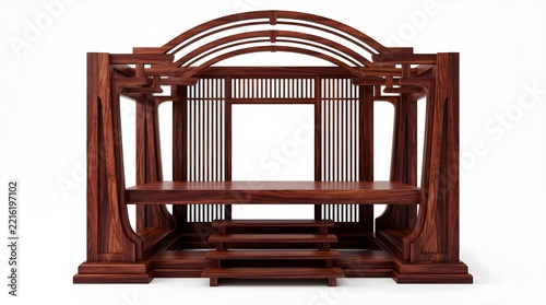 Wooden architectural altar structure with arched roof and steps