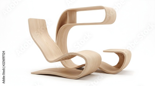 Curved wooden lounge chair with integrated shelving unit