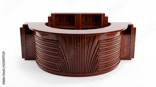 Curved wooden reception desk with decorative fluted paneling