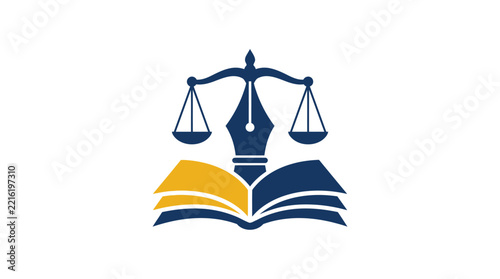 Elegant law firm logo design template vector illustration featuring scales of justice, pen nib, and book