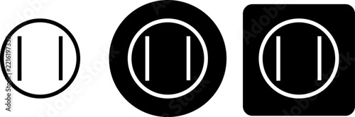 Three variations of a circular with two vertical lines inside on white, black circle, and black square backgrounds