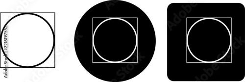Three variations of a circle inscribed within a square on white, black circle, and black square backgrounds