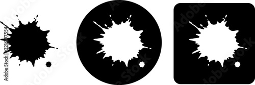 Three variations of a circular ink splatter on white, black circle, and black square backgrounds for use